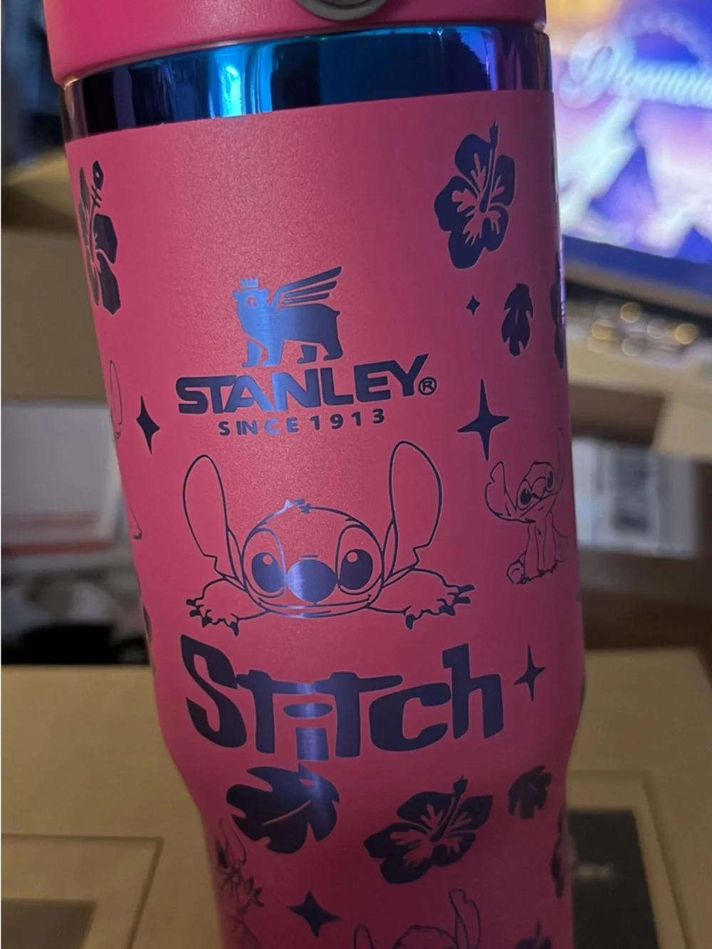 New! Stanley Pink Tumbler with Blue Metallic Accents and Stitch Design - Picture 2 of 3